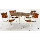 A white painted tubular metal round garden table, with teak slatted top and a set of four elbow