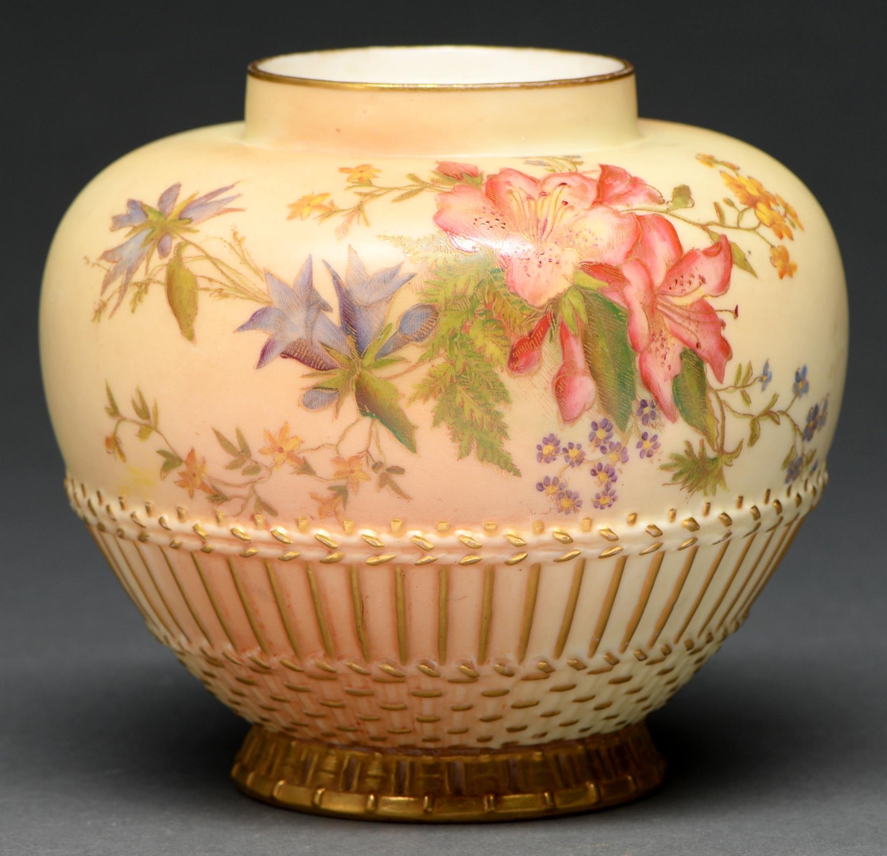 A Royal Worcester rose jar, 1904, printed and painted with flowers on a shaded apricot ground,