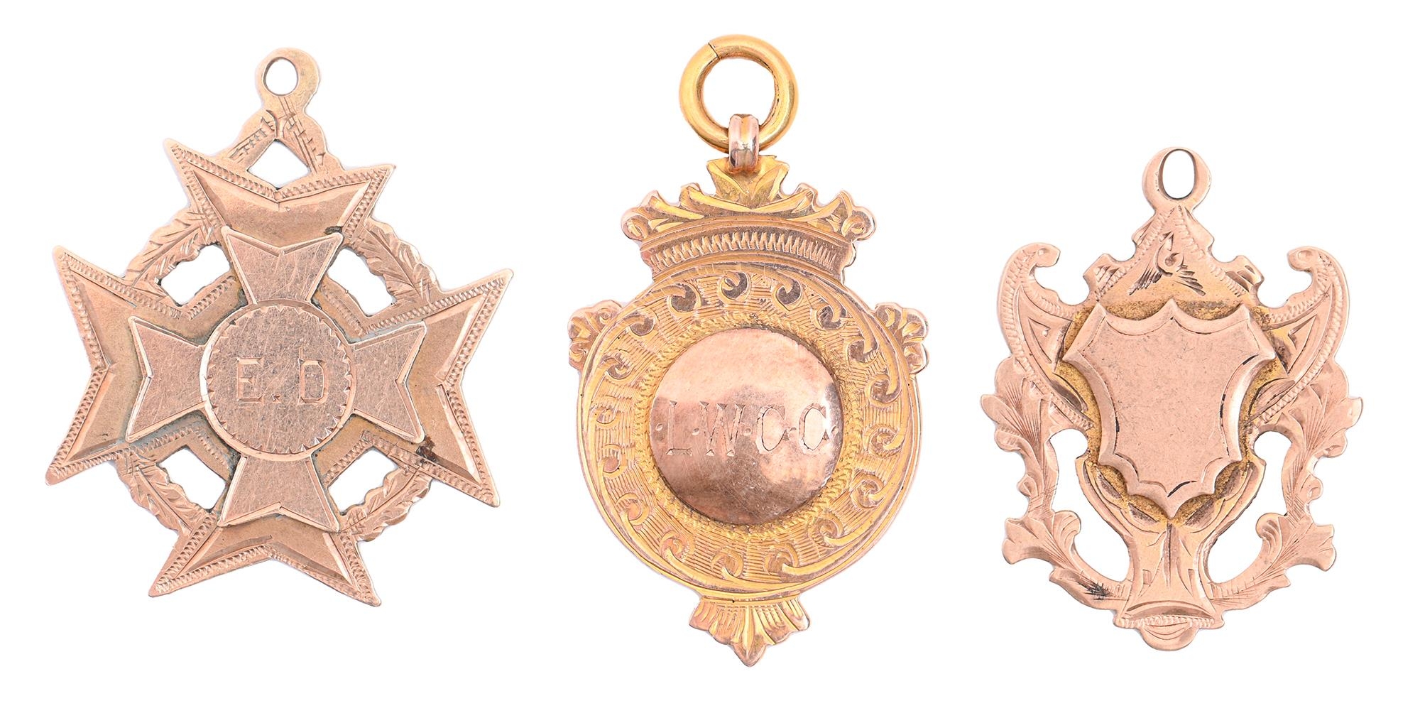 Three 9ct gold prize watch fob shields, plain or engraved reverse, various sizes and makers,