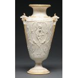 A Copeland gilt Parian Ware vase, c1870, moulded with putti and flowers, 26cm h, impressed mark