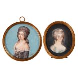 Two French portrait miniatures of ladies in 18th c dress, late 19th c, ivory, 67mm diam or oval