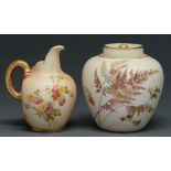 A Royal Worcester flatback jug and pot pourri jar and inner cover, both c1900, typically decorated