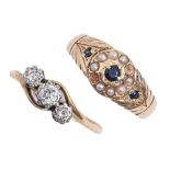 A three stone diamond ring, gold hoop marked 18ct PLAT and a Victorian sapphire and split pearl