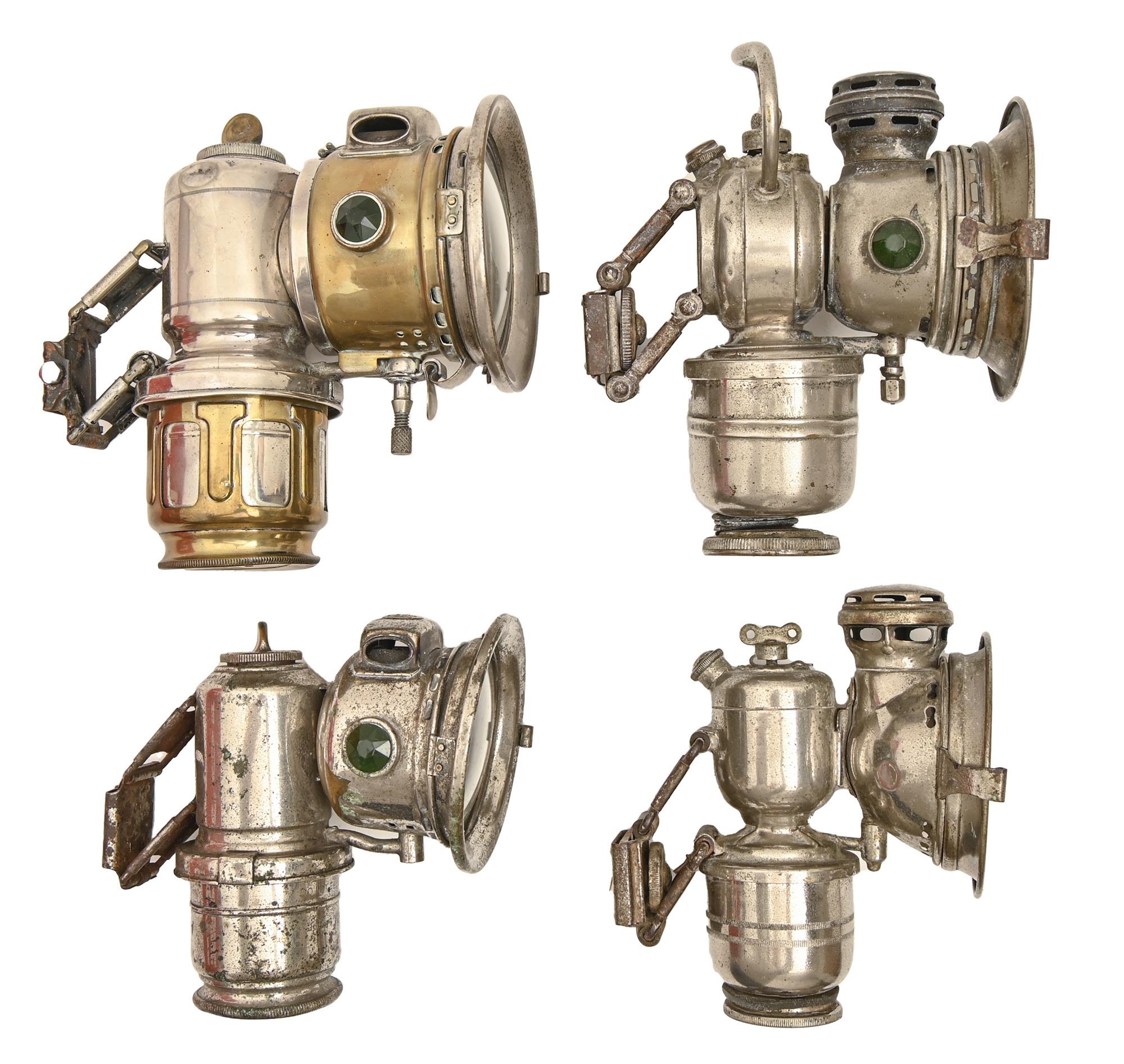 Vintage motoring. Four nickel plated brass and steel acetylene lamps, Joseph Lucas & Co, Powell &