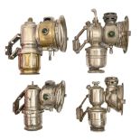Vintage motoring. Four nickel plated brass and steel acetylene lamps, Joseph Lucas & Co, Powell &
