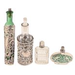 A Victorian green glass scent bottle,  with contemporary die stamped silver sleeve, stopper, 13.