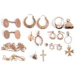 Miscellaneous gold articles, to include several pairs of earrings and eight pairs of cufflinks,