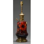 A Moorcroft flambe Anemone lamp, c1970, lacquered metal mounts, 35cm h excluding fitment Good