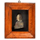 A polychrome relief portrait of King Charles I, birds eye maple frame, 19.5 x 16.5cm overall