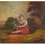 English Naive School, early 19th c - A Young Girl Playing with her Dog, oil on metal panel, 20 x