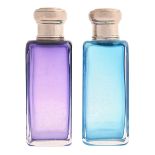 A pair of German EPNS capped amethyst or blue glass toilet bottles, early 20th c, 13cm h Good