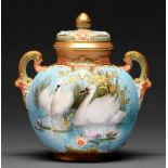 A Royal Worcester scroll handled pot pourri vase and cover, 1904, painted by C H C Baldwyn,