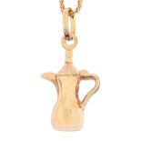 A gold coffee pot charm and necklet, necklet 42cm l, both marked 750, 4.2g Good condition