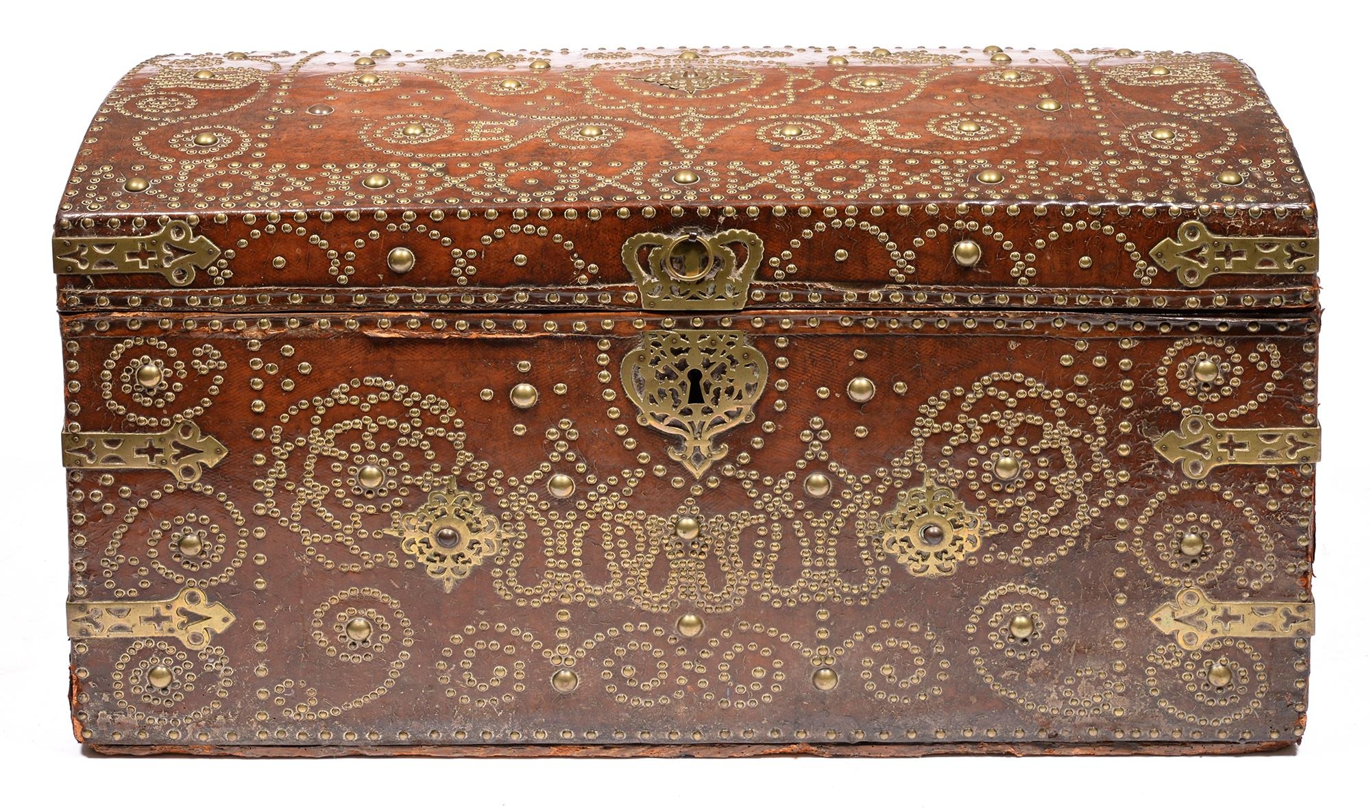 A George II brass-studded leather-covered travelling trunk, Henry Nickles London, of wood with domed