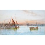 Charles McKinley - Harbour Scenes at Sunrise and Sunset, a pair, both signed, watercolours, 17 x
