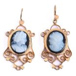 A pair of hardstone cameo earrings,  in gold, wire loop, 26mm, 6g Good condition