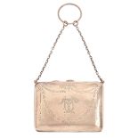 A George V silver purse, engraved with festoons, chain handle, leather-lined, 85mm l, marks