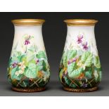 A pair of Copeland bone china vases, c1880,  painted by C F Hurten, with violets and trellis beneath