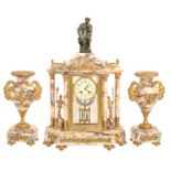 A French ormolu mounted breccia marble garniture de cheminee, c1900, the four glass pavilion clock