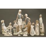Nine Lladro and Nao figures, groups and birds, 40cm h and smaller, printed mark Good condition