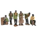 A set of six painted composition or resin figures of jazz musicians, 38-56cm h Good condition save