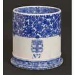 Christ's Hospital. A blue printed earthenware arabesque border pattern beer mug, 19th / early 20th c