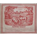Agriculture and Husbandry, Sheep. A mid-19th c printed cotton handkerchief, Merino Sheep, meandering