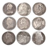 George II, Sixpences, 1741 roses, 1743 roses, 1745 roses, 1746 LIMA, 1758, these vg-VF; others