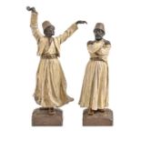 Two cold painted Vienna bronze orientalist statuettes of whirling dervishes, Bergman Foundry,