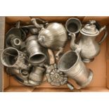 Miscellaneous pewter, including teapots, tankards, candlesticks and plates, 19th c and later