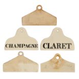 A pair of Copeland glazed earthenware CLARET and CHAMPAGNE cellar bin labels, 19th c, 13.5cm l and