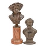 A miniature bronzed portrait bust of Rembrandt, early 20th c, on turned marble pedestal, 20cm h
