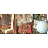 Miscellaneous items, including a terrestrial globe, a pair of elephant bookends, handbag and fans,