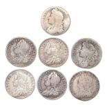 Sixpences, James II, 1686, 1687, both poor; George II, 1743 roses, 1745 LIMA, 1745 roses, 1758/7,