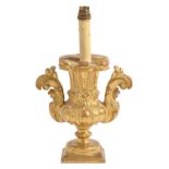 An Italian giltwood vase shaped candlestick, 19th c, adapted as a lamp, 26cm h excluding fitment