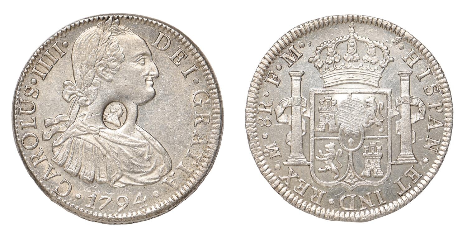 George III, oval counterstamp on Spanish 8 Reales, 1794 Mexico City, stamp and under-type EF