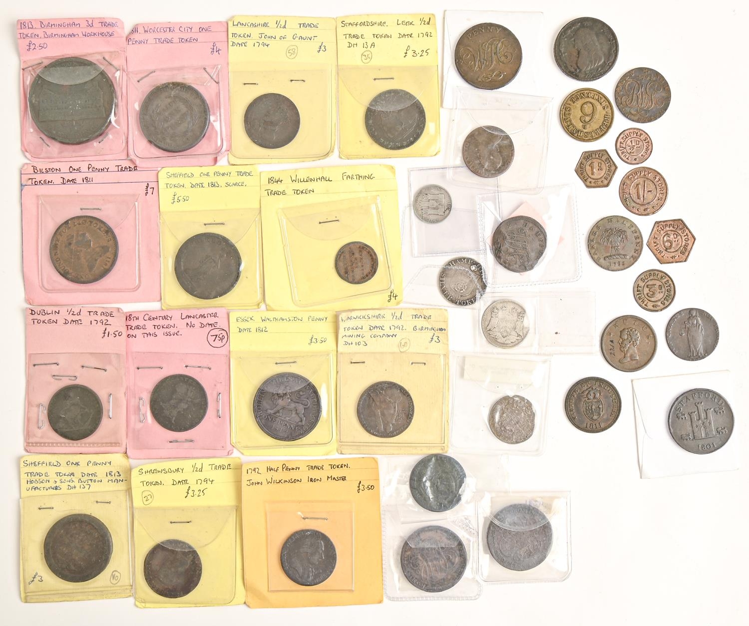 Tokens, 18th century (15); 19th century copper (11), 6d, 1/-(3), others (5) (35)