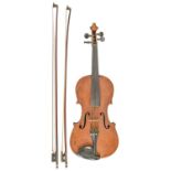 A violin, c1900, length of back 36cm and two violin bows Dusty / dirty from long term storage,