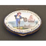 A South Staffordshire enamel patch box, early 19th c, painted with a mournful midshipman