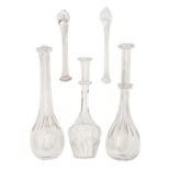 Three Victorian glass toddy lifters and two sugar crushers, toddy lifters 15-17.5cm h Good