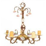 A porcelain flowered and earthenware mounted lacquered brass chandelier, circa mid 20th c, 47cm h