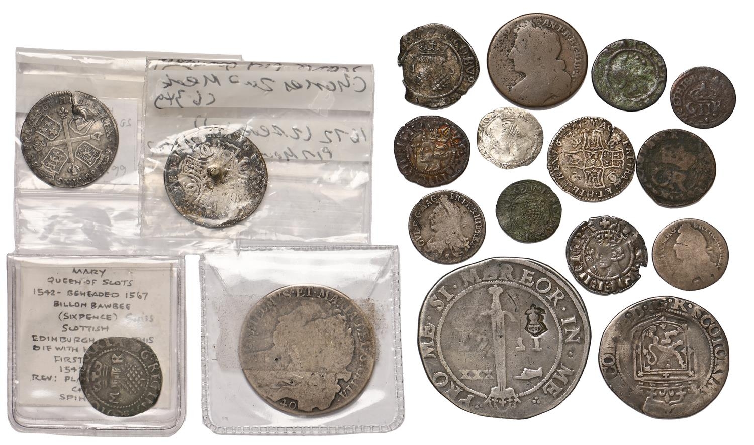 Scotland, Alexander III, Pennies (2); Sword Ryal, James VI, 1567, 28.9gm; Thistle Merk, 1602, 6.1gm;