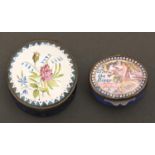 A French oval enamel box, late 19th c, the lid painted with a bird and inscribed Esteem the Giver,