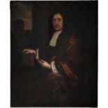 British School, 18th c - Portrait of a Man, three quarter length seated in a fur trimmed robe beside