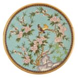 A Chinese cloisonne enamel dish, 20th c, decorated with birds on blossoming boughs on a turquoise