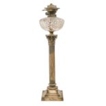 A Victorian brass columnar oil lamp, with cut glass fount and messenger No 2 brass burner, 70cm h