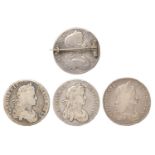 Crowns, Charles II, 1663 Fine, 1664 Fine, 1667 g-vg, with 1680 mounted as a brooch (4)