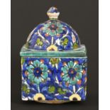 A Turkish pottery cube shaped box and cupola cover, 20th c, 15cm h Good condition