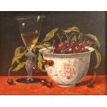 Bernadette Jeanne Zouaoui, 20th c - Still Life with a Wine Glass and Cherries in a Chinese Porcelain