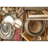 Miscellaneous plated ware, including entree dishes and flatware, a copper jardiniere, various